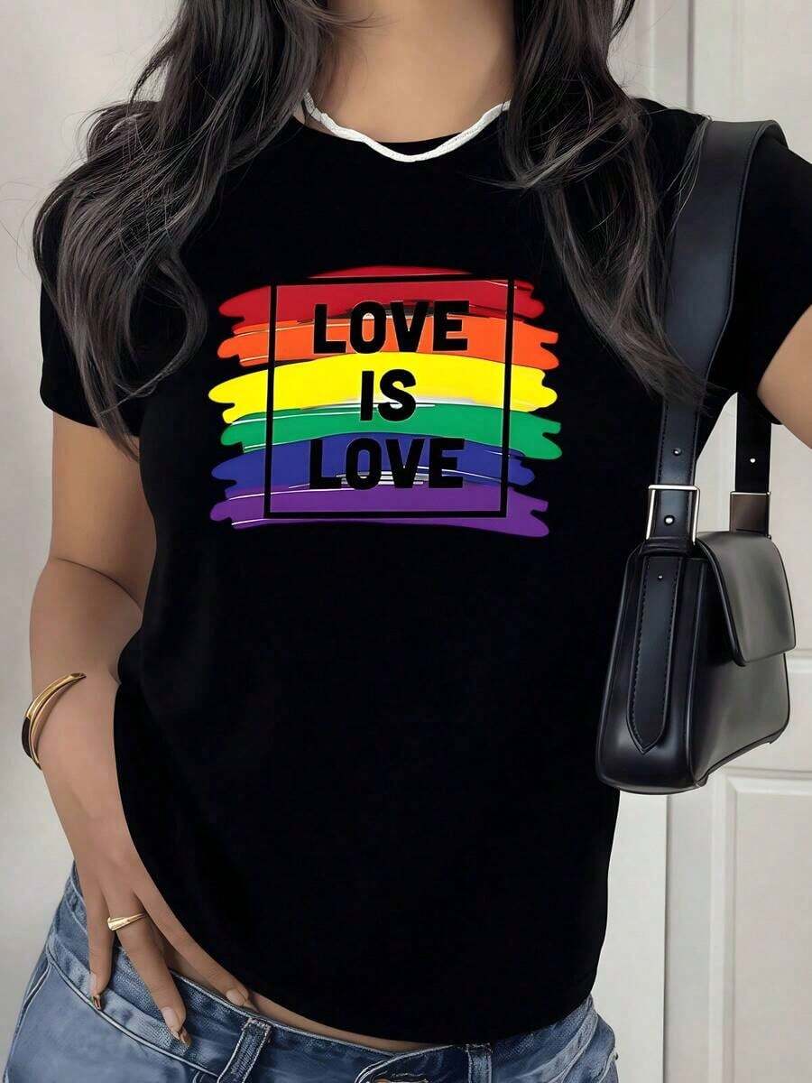 Women's T-Shirt With Rainbow Digital Print "Love Is Love" Round Neck, LGBT Pride Theme, 220 Grams, 1 Unit, 100% Cotton, Modern Style, Casual Design - 黑色 - 查看 1