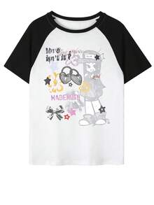 Áo thun tay raglan in hình hoạt hình cô gái thiên thần dễ thương thời Y2K, phong cách cá tính, đa năng dành cho nữ. - trắng - Xem 4