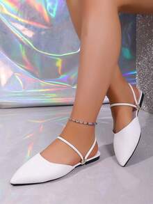 Damen Ballerinas mit spitzer Zehenpartie, lässig modisch vielseitig, mit dünnem Riemen und Metallschnalle, weiches PU-Material, Slip-On Schuhe, elegante Alltags-Büro-Ballerinasandalen - Weiss - Übersicht 7