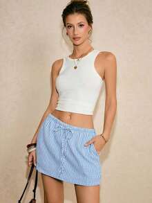 Pantalones Culotte Casuales Holgados para Mujer con Cordón Ajustable en la Cintura y Bolsillos a Rayas - Beis - Ver 7