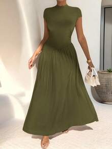 Vestido de línea A de manga corta, de cuello, ajustado, con bajo asimétrico, de uso diario, de estilo minimalista y elegante - Verde militar - Ver 10