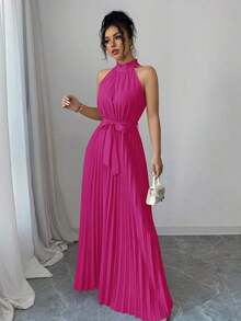 Vestido de línea A con cuello con volantes y cintura plisada, elegante y romántico para el Día de San Valentín - Rosa Fucsia - Ver 4