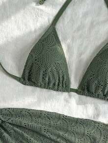 Conjunto de 3 piezas de traje de baño de bikini de unicolor y estilo sexy de halter para mujeres, conjunto de traje de baño, para vacaciones de verano en la playa - Verde - Ver 4