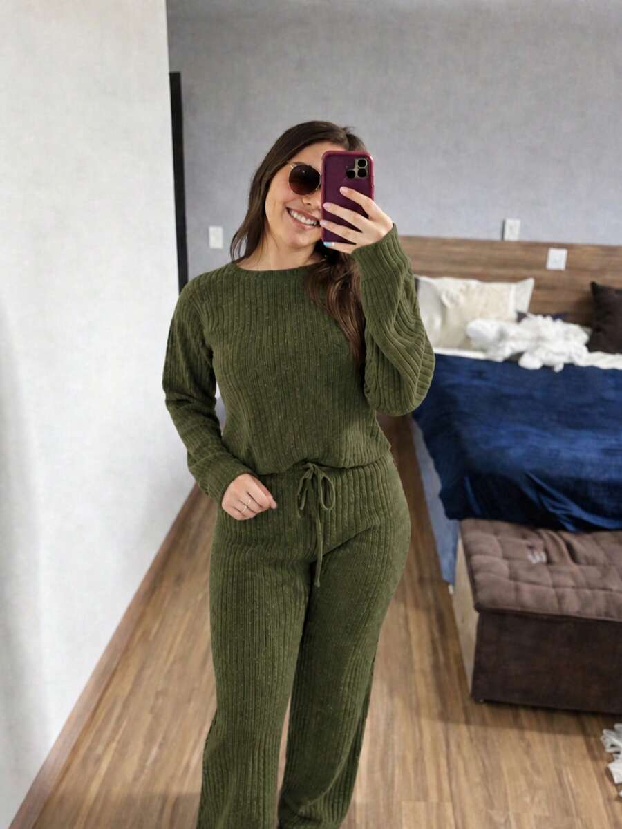 Comfortable Ribbed Mousse Knit Set For Autumn/Winter, Casual And Basic - 綠色 - 查看 1