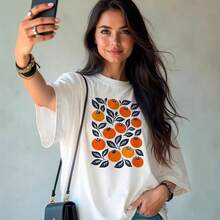 Camiseta de manga corta de algodón puro con estampado naranja, estilo americano, única, moderna, versátil y casual para uso diario. - Blanco - Ver 2