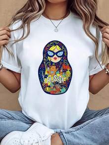 100% algodón puro, estampado dulce y fresco, adecuado para usar como prenda exterior, rejuvenecedor, corte holgado, estilizador, único, casual, cómodo, cuello redondo, manga corta. - Negro - Ver 7