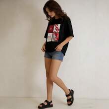 Camiseta de manga corta 100% para mujer, de diseño veraniego y estilo casual, versátil y con estampado de letras. - Negro - Ver 5