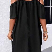 Plus Size Women Off Shoulder Short Sleeve Vacation Solid Color Hollow Out Dress Black Summer Elegant - Negro - Ver 5
