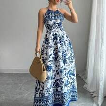 Women's Elegant Fashion Charming Beach Resort Casual Vacation Sleeveless Halter Waist Cinched Floral Print Maxi Dress (Random Floral Print) - Azul y blanco - Ver 1