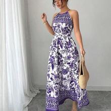 Women's Elegant Fashion Charming Beach Resort Casual Vacation Sleeveless Halter Waist Cinched Floral Print Maxi Dress (Random Floral Print) - Azul y blanco - Ver 10
