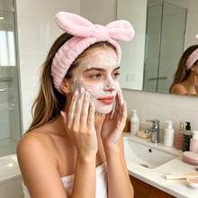 Free Shipping-Spa Headband, Soft Carol Fleece Makeup Headband With Cute Bow Elastic Headband For Washing Face Skincare Facial Mask Showers, Light Pink - Màu Hồng baby - Xem 4