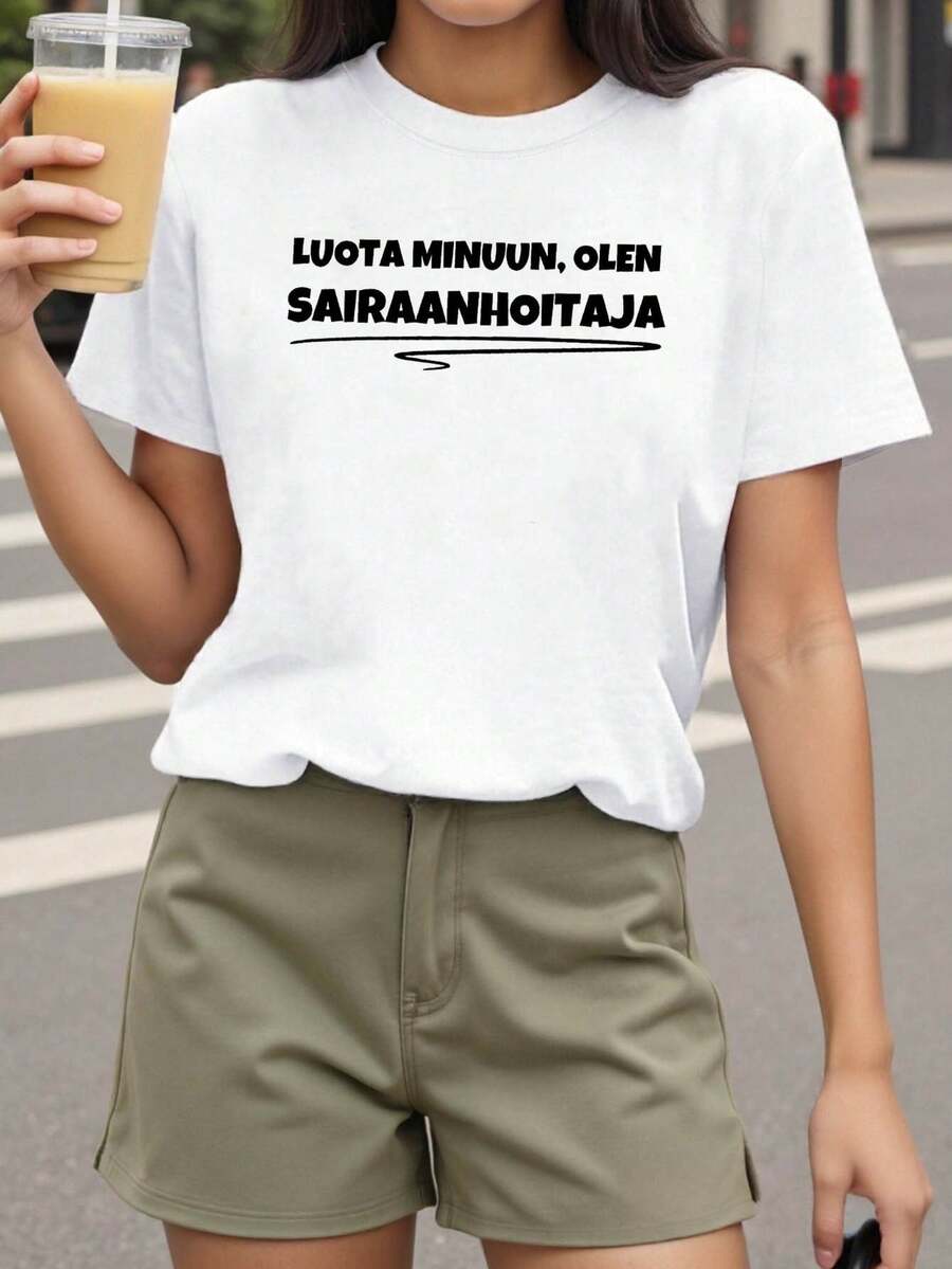 Trust Me I'm A Nurse Finnish Occupational Slogan Print Short Sleeve T-Shirt Summer Simple Neckline Top Personal Daily Wear Commute Versatile Item Professional Women's Clothing - 白色 - 查看 1