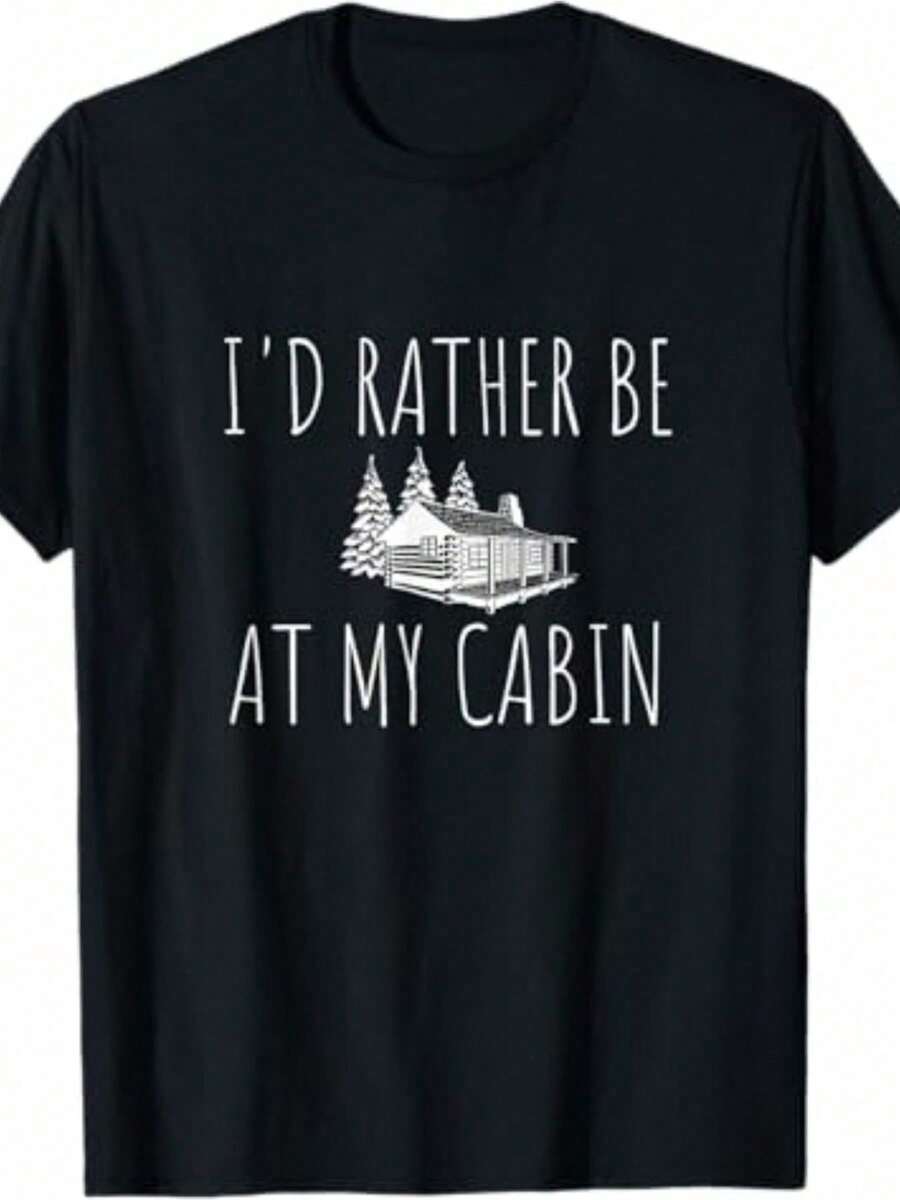 Camiseta gráfica "Me gustaría estar en mi cabaña" - 100% lavable en máquina, diseño de árboles de pino y casa de montaña, camiseta casual de manga corta con cuello redondo para hombres y mujeres, regalos de Pascua, ropa unisex, camiseta con tema de cabaña, cómoda - Negro - Ver 1