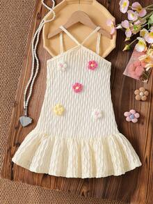 Young Girl Summer Fashion Cute Vacation Style Colorful 3D Floral Decor Ruffle Hem Halter Neck Dress - Apricot - View 1