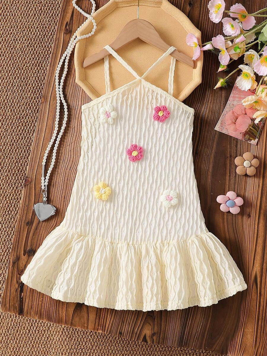 Young Girl Summer Fashion Cute Vacation Style Colorful 3D Floral Decor Ruffle Hem Halter Neck Dress - Apricot - View 1