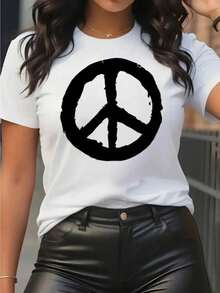 Camiseta de Manga Corta Estilo Y2K para Mujer - Estampado Símbolo de Paz Hippie 100% Algodón, Lavable a Máquina, Cuello Redondo Ajuste Regular, Ropa Casual Primavera Verano, Textura Suave y Cómoda - blanco - Ver 1