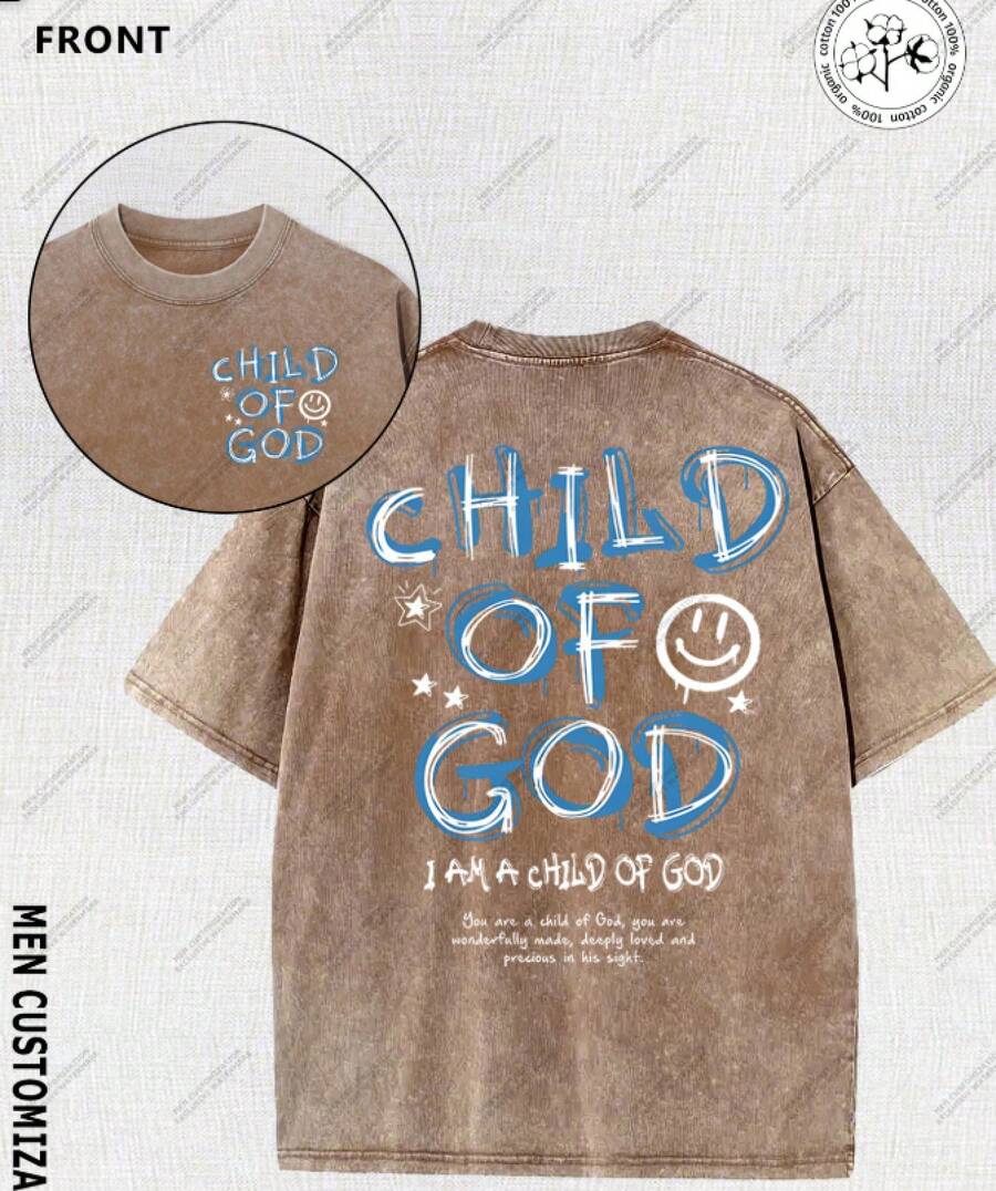 Vintage Washed T-Shirt With "Face Of The Son Of God" Graffiti Design, Christian Theme, The Material Represents Faith In God, Loose Fit, Soft Fabric - Unisex Cotton T-Shirt, Short Sleeve, Round Neck, Urban Vintage Style. - 咖啡色 - 查看 1
