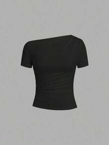 Camiseta de moda ajustada de manga corta con hombros oblicuos de unicolor para mujer - Burdeos - Ver 6