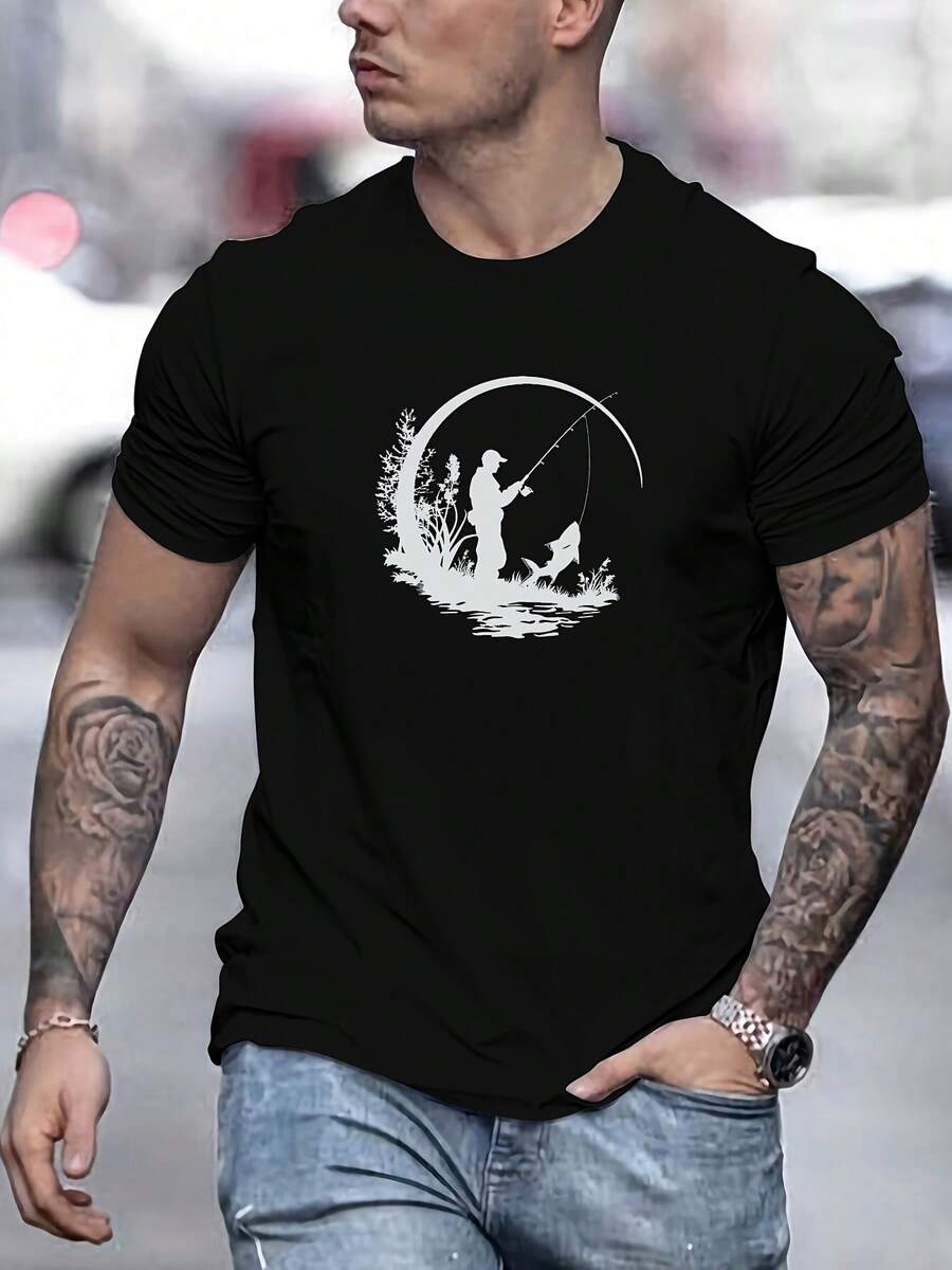 T-Shirt Estiva Casual a Maniche Corte con Grafica da Pesca per Uomo - nero - Visualizzare 1