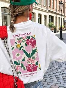 Camiseta de manga corta beige para mujer, con estampado floral y de letras, estilo casual, holgada, versátil, con cuello redondo, ideal para el verano, un top moderno para el uso diario. - Blanco - Ver 6