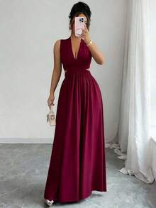 Elegante vestido sin mangas con cuello en V, diseño hueco en la cintura y pliegues, color morado, nueva llegada de primavera/verano - Burdeos - Ver 4