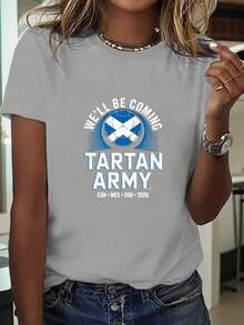 Women's Printed Crew Neck T-Shirt, USA-Mexico Clothing Series, Fan Support Style With Army Tartan Print, Creating An Atmosphere And Style For Watching Games. Clothing For Football Enthusiasts, Cheerleading Outfit. New Comfortable Short Sleeve T-Shirt For Spring/Summer - 淺灰色 - 查看 7