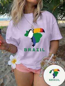 Camiseta de manga corta con cuello redondo para mujer, 100% algodón, lavable a máquina, fácil cuidado, diseño casual con estampado de mapa de Brasil y tucán gigante, colores brillantes, top de nuevo estilo para el verano 2026, adecuada para viajes y uso diario. - Blanco - Ver 8