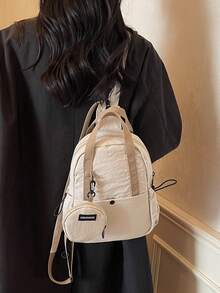 1 pieza Mochila unisex de tela de nailon de unicolor, bolso multifuncional y bolso de hombro adecuado para estudiantes universitarios, cierre con cremallera, uso diario (con monedero) - Beis - Ver 5