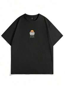 Camiseta de manga corta de hombre con estampado de dibujos animados lindo y hombros caídos, para salir - Negro - Ver 4