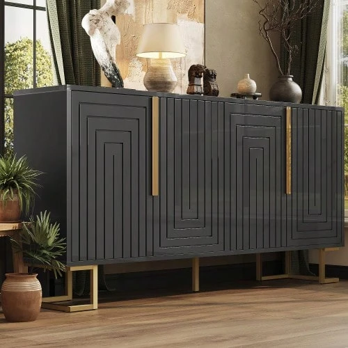 The Black Sideboard (152 X 40 X 75 Cm) Features A Unique Geometric Design And Golden Claw And Shape For Elegant Designs. - Black - 查看 1