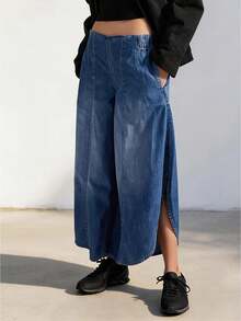 Women's Cropped Jeans With Pockets Simple Stylish Blue Low Rise Casual Wide Leg Denim Pants - Blue - View 1