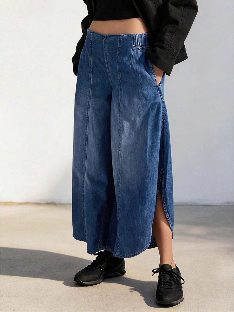 Women's Cropped Jeans With Pockets Simple Stylish Blue Low Rise Casual Wide Leg Denim Pants - Blue - View 1