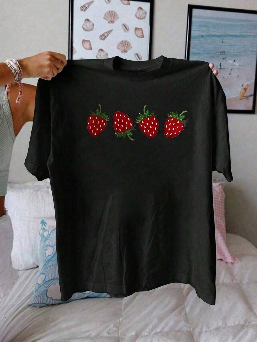 1 Piece Of T-Shirt With Graphic Print Of Strawberry Cartoon Letters, Short Sleeve, Round Neck, Casual Style For Summer And Spring, Women's T-Shirt, 210g, 100% Cotton, Designs Are Fully Printed. Unisex. - 黑色 - 查看 1