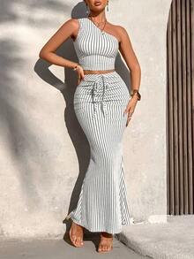 AIJ Amarilo Women's Summer Casual Striped One-Shoulder Ruffle Crop Top And Ruffle Fishtail Skirt 2-Piece Set (Random Print) Elegant - Cream White - View 3