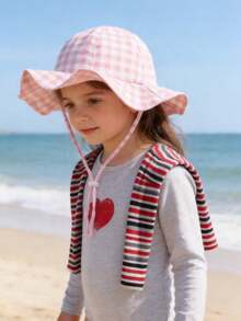 1pc Kids Pink Plaid Sun Hat, Adjustable Baby Girl Hat, Infant Summer Beach Bucket Hat, Girls Summer Sun Protection Bucket Hat - Multicolor - View 6