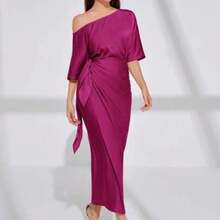 Asymmetrical Neck Batwing Sleeve Wrap Hem Satin Dress For Holiday Party Clothes Maxi Women Outfit Long Evening Dresses - Rojo violeta - Ver 1