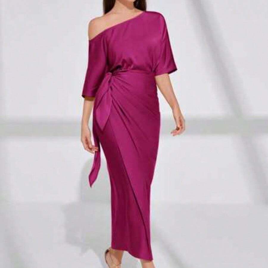 Asymmetrical Neck Batwing Sleeve Wrap Hem Satin Dress For Holiday Party Clothes Maxi Women Outfit Long Evening Dresses - Rojo violeta - Ver 1