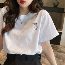 Nueva Camiseta de Verano 2025 para Mujer, de Algodón Puro, Manga Corta, Delgada, Holgada, con Estampado de Dibujos Animados, Blanca, Estilo Delgado, a la Moda - Blanco - Ver 11