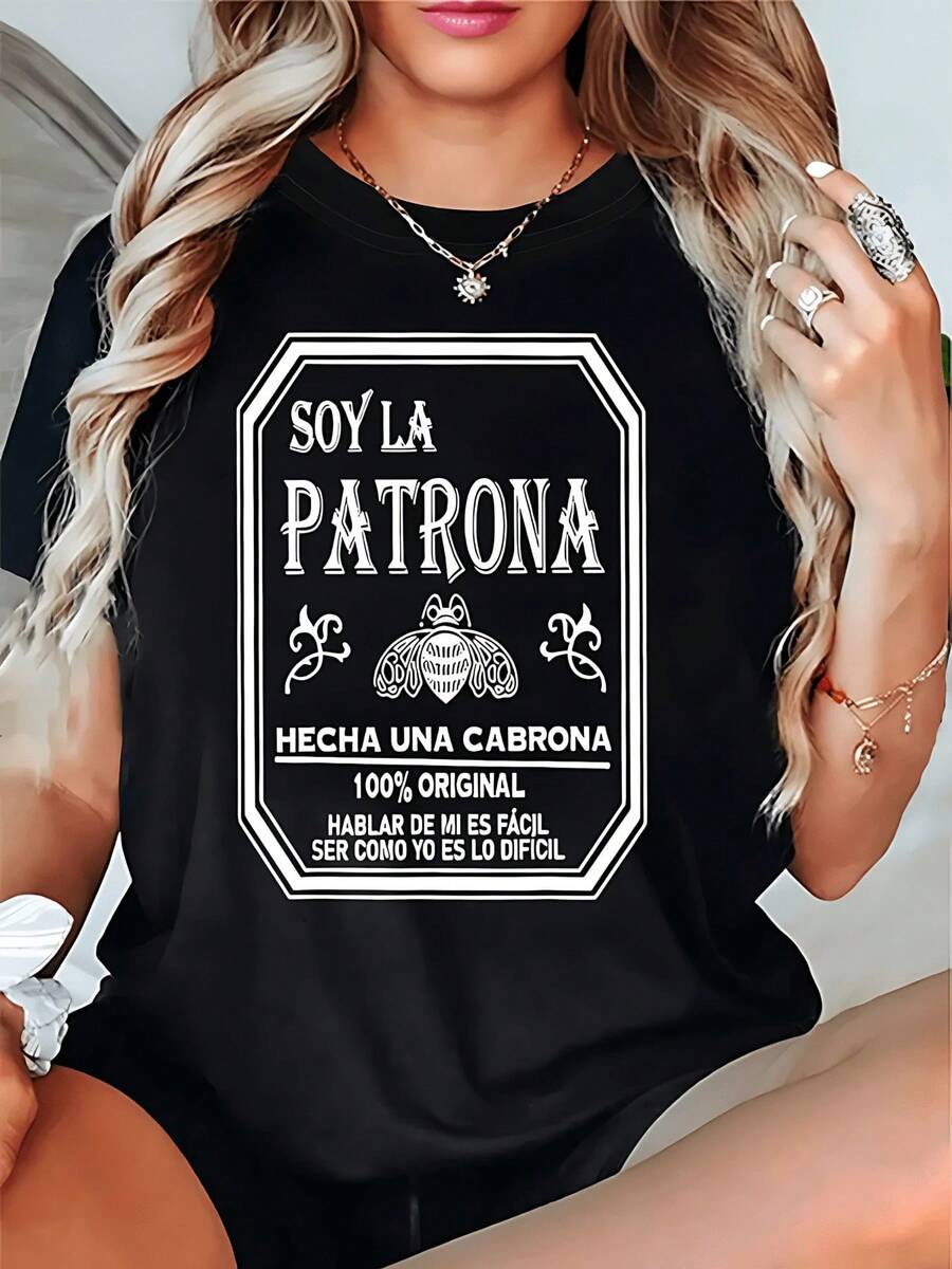 [Entrega Local]Playera Para Mujer Camiseta GráFica Para Mujer Soy La Patrona, Camiseta Con DeclaracióN Empoderadora Con Ajuste CóModo Y Estampado úNico, Perfecta Para Uso Informal Y Para Hacer Una DeclaracióN De Moda Audaz, Tela De Primera Calidad Y DiseñO Duradero, Regalo Ideal Para Mujeres Fuertes, Disponible En Varios TamañOs. - Negro - Ver 1