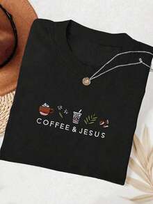 Playera de mujer 100% algodón manga corta con gráfico bordado de estilo café, estilo relajado urbano, cuello redondo, transpirable para verano, modelo versátil - Negro - Ver 3