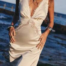 Solid Color V-Neck Off-Shoulder Elegant Dress For Women, Suitable For Spring/Summer Vacation - Beis - Ver 5