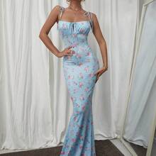Women's Floral Print Ruched Front Tie Fitted Elegant Dress Vacation Party Summer - Azul y blanco - Ver 4