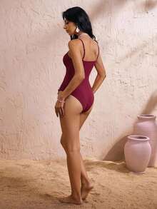 Elavelle Set de 2 piezas de traje de baño de una sola pieza con falda maxi, tirantes finos y decoración de estrella de mar, unicolor para mujer - Morado - Ver 6