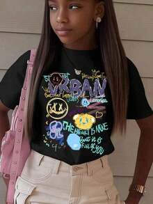 Women's% Cotton-shirtCamiseta de manga corta suave con estampado urbano de graffiti para adolescentes, top de estilo casual de calle para el veranoLightweight, breathable, summer best-seller - Negro - Ver 8