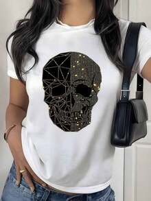 Women's 100% Cotton T-Shirt. Geometric Skull Formed By Golden Lines And Bright Dots Symbolizing The Connection Between Technology And Vital Energy. Lightweight, Breathable, Summer Best-Seller. - 白色的 - 查看 9