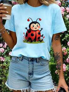 This Is A Printed T-Shirt With A Cartoon Ladybug Design, Adorned With Red Polka Dots And Black Details. The Fabric Is Soft And Breathable, Machine Washable, And Comfortable To Wear In All Seasons. - Blue Sky - View 6