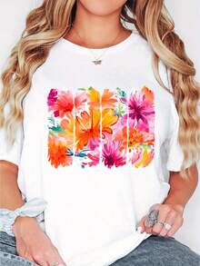 Camiseta suave de cuello redondo para mujer - Parte superior diaria no transparente con diseño floral, ligera y formal, blusa casual y formal para mujer, oficina, fiesta, ropa diaria - Camiseta básicara todas las estaciones, ropa de fiesta, ropa de oficina, patrón geométrico, diseño de fresa roja vibrante y crema de helado, blusa elegante, uste cómodo, adecu parrimavera, verano y otoño, camisetara mujer, camiseta gráficara mujer - Blanco - Ver 2