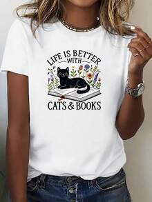 Camiseta de Manga Corta Estamp para Mujer, Estilo Casual de Primavera/Verano "LA VIDA ES MEJOR con GATOS y LIBROS", Estampado de Gato Leyendo, Corte Hoado, Estilo Literario. Camiseta B£sica de Oto￱o, Manga Cortara Actividades al e , Uni. Camisetararejas, Conjunto Familiar - Blanco - Ver 2