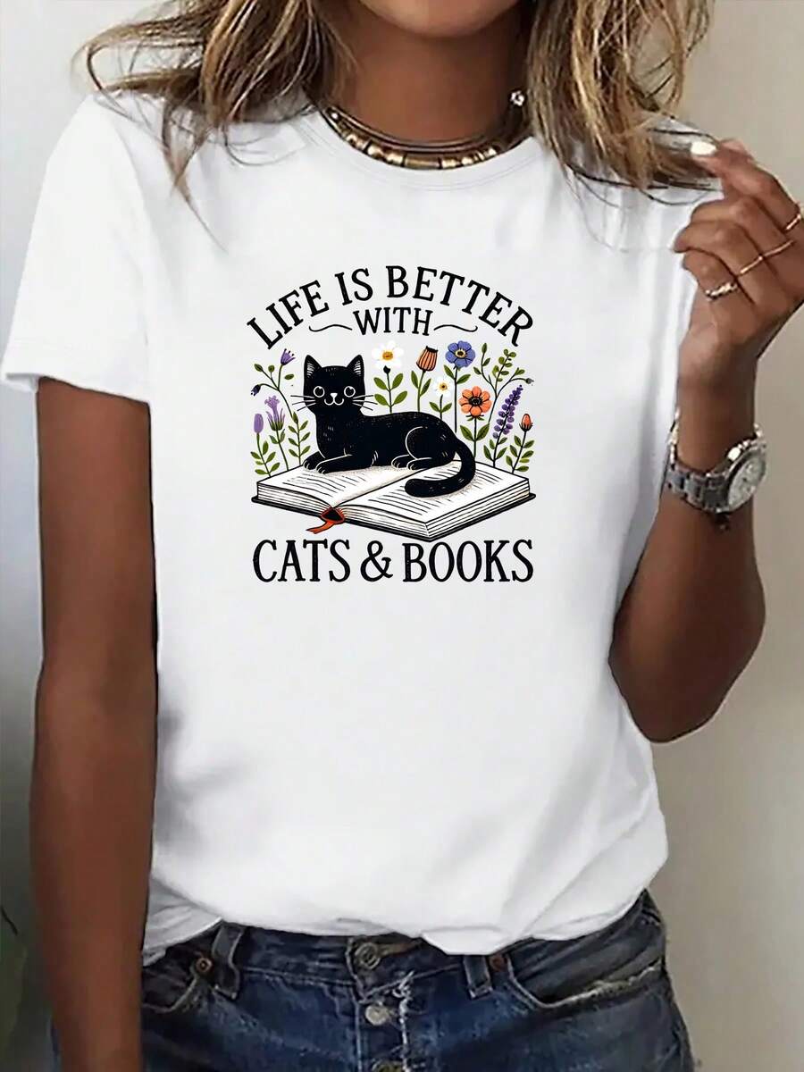 Camiseta de Manga Corta Estamp para Mujer, Estilo Casual de Primavera/Verano "LA VIDA ES MEJOR con GATOS y LIBROS", Estampado de Gato Leyendo, Corte Hoado, Estilo Literario. Camiseta B£sica de Oto￱o, Manga Cortara Actividades al e , Uni. Camisetararejas, Conjunto Familiar