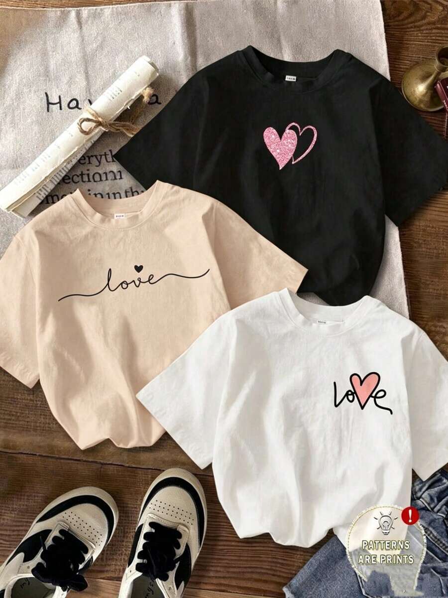 Set Prenda individual, no un conjunto de 3 piezas, 1 piezas/set de camisetas de manga suitable for streetwear, Top oversized cuello redondo daily outings, camping, concerts, hip-hop, rock, and rap events camisetas de mujer de ajuste ceñido, de cuello redondo, de manga corta y con estampado de corazón minimalista y casual - Negro - Ver 1